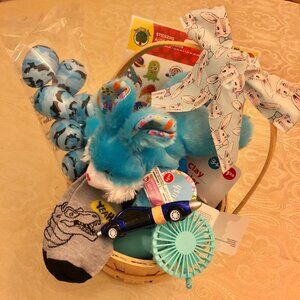 Blue Easter Basket Bundle, bunny, stickers, fan, pen, socks, treat bags, eggs